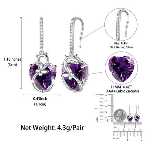 Cat Butterfly Earrings for Women 925 Sterling Silver Earrings Dangle Drop Hook Purple Heart Amethyst February Birthstone Jewelry Mother Christmas Birthday Valentine's Day Gifts for Wife - Aurora Tears