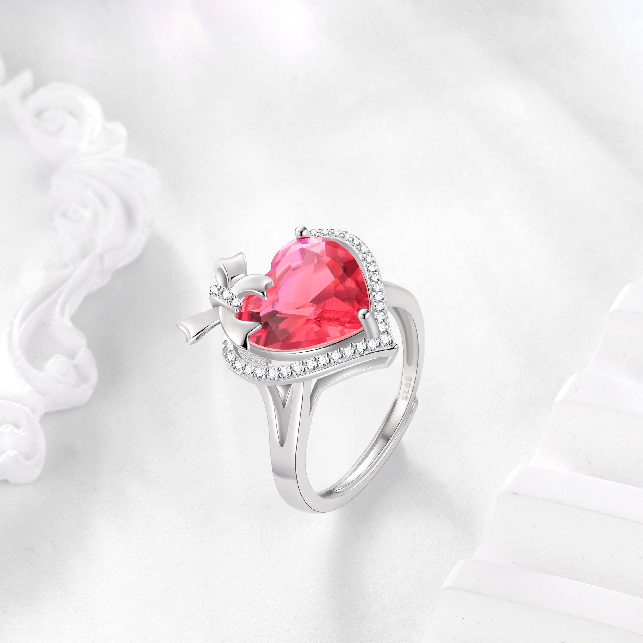 6Ct Heart Women Ring Bow Kont Ribbon 925 Sterling Silver July Birthstone Ruby Open Ring Jewelry Valentine's Day Gift for Wife Girlfriend Lover Mother - Aurora Tears