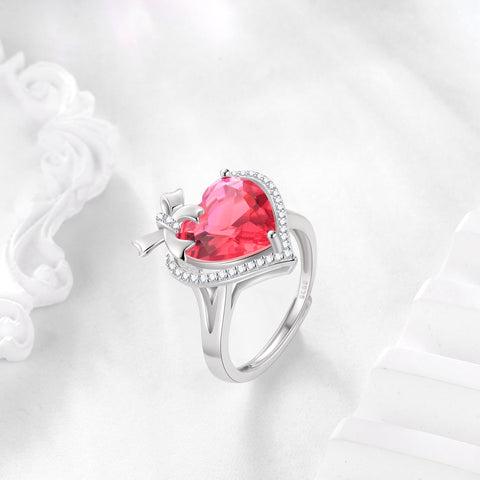 6Ct Heart Women Ring Bow Kont Ribbon 925 Sterling Silver July Birthstone Ruby Open Ring Jewelry Valentine's Day Gift for Wife Girlfriend Lover Mother - Aurora Tears