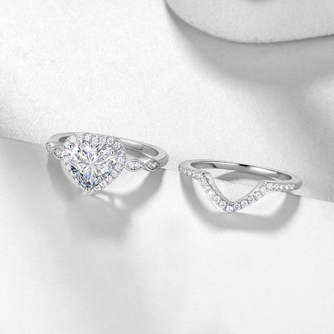 Juego de anillos de compromiso de moissanita con corte de corazón de 2 quilates, anillos de boda de oro blanco de 18 quilates sobre plata para mujer, talla 6-9