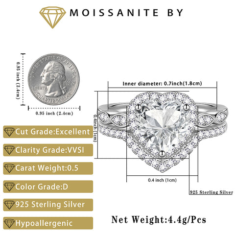 Juego de anillos de compromiso de moissanita con corte de corazón de 2 quilates, anillos de boda de oro blanco de 18 quilates sobre plata para mujer, talla 6-9