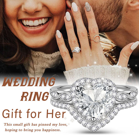 Juego de anillos de compromiso de moissanita con corte de corazón de 2 quilates, anillos de boda de oro blanco de 18 quilates sobre plata para mujer, talla 6-9