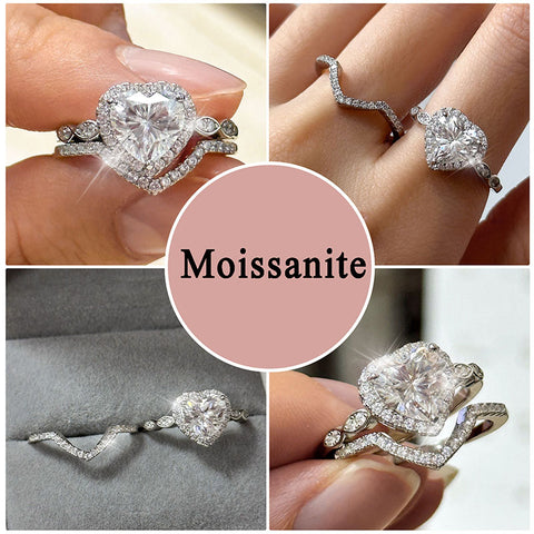 Juego de anillos de compromiso de moissanita con corte de corazón de 2 quilates, anillos de boda de oro blanco de 18 quilates sobre plata para mujer, talla 6-9