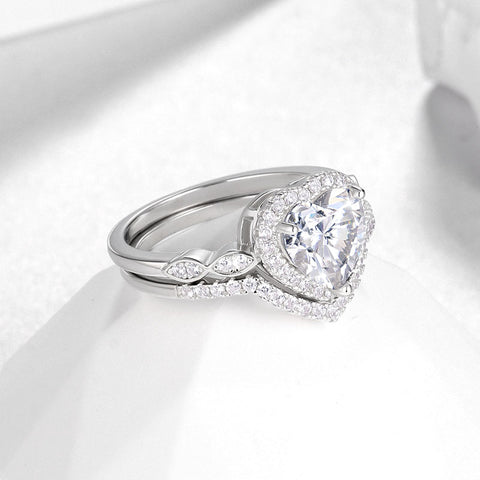 Juego de anillos de compromiso de moissanita con corte de corazón de 2 quilates, anillos de boda de oro blanco de 18 quilates sobre plata para mujer, talla 6-9