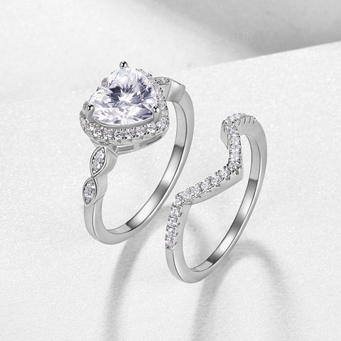 Juego de anillos de compromiso de moissanita con corte de corazón de 2 quilates, anillos de boda de oro blanco de 18 quilates sobre plata para mujer, talla 6-9