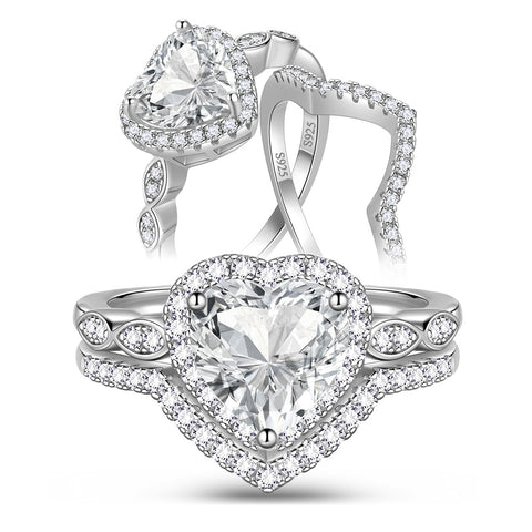 Juego de anillos de compromiso de moissanita con corte de corazón de 2 quilates, anillos de boda de oro blanco de 18 quilates sobre plata para mujer, talla 6-9