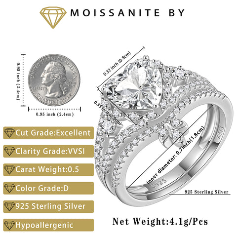 Ensemble de bagues de fiançailles en moissanite taille cœur 2 carats, bagues de mariage en or blanc 18 carats sur argent pour femme, taille (6-9)
