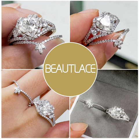 Ensemble de bagues de fiançailles en moissanite taille cœur 2 carats, bagues de mariage en or blanc 18 carats sur argent pour femme, taille (6-9)