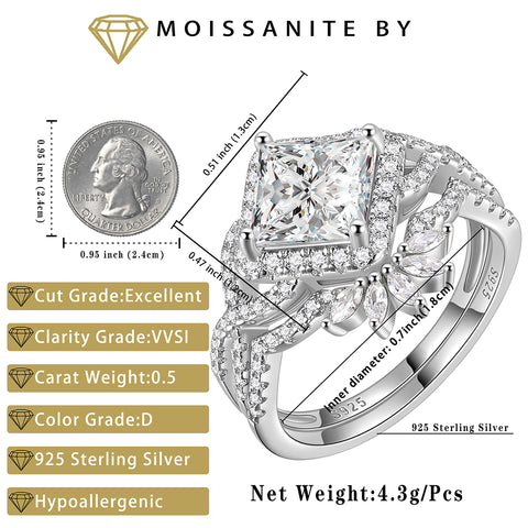 2 Carat Moissanite Princess Cut Engagement Rings Set for Women 925 Sterling Silver Jewelry Promise Ring for Her