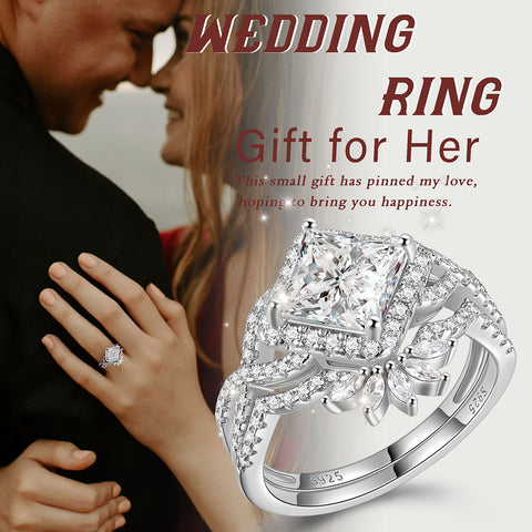 2 Carat Moissanite Princess Cut Engagement Rings Set for Women 925 Sterling Silver Jewelry Promise Ring for Her