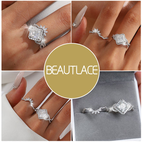 2 Carat Moissanite Princess Cut Engagement Rings Set for Women 925 Sterling Silver Jewelry Promise Ring for Her
