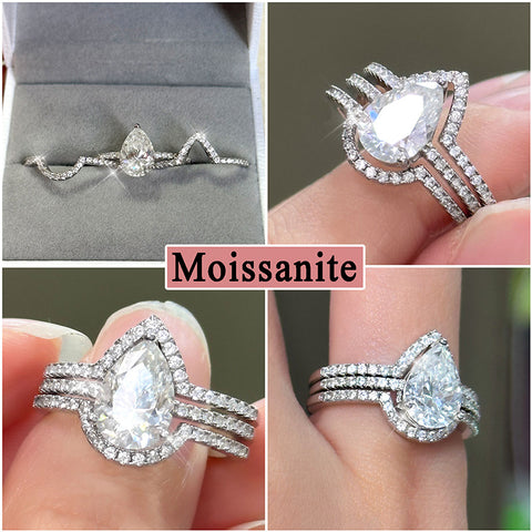 Set di anelli di fidanzamento con moissanite da 2 carati | Anelli nuziali da donna in oro bianco 18 carati su argento | Taglia 6-9
