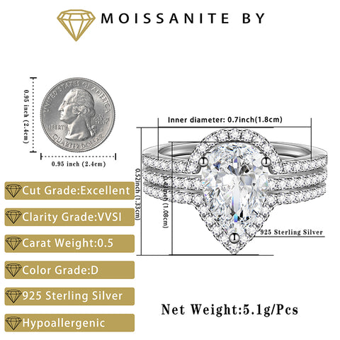 Set di anelli di fidanzamento con moissanite da 2 carati | Anelli nuziali da donna in oro bianco 18 carati su argento | Taglia 6-9