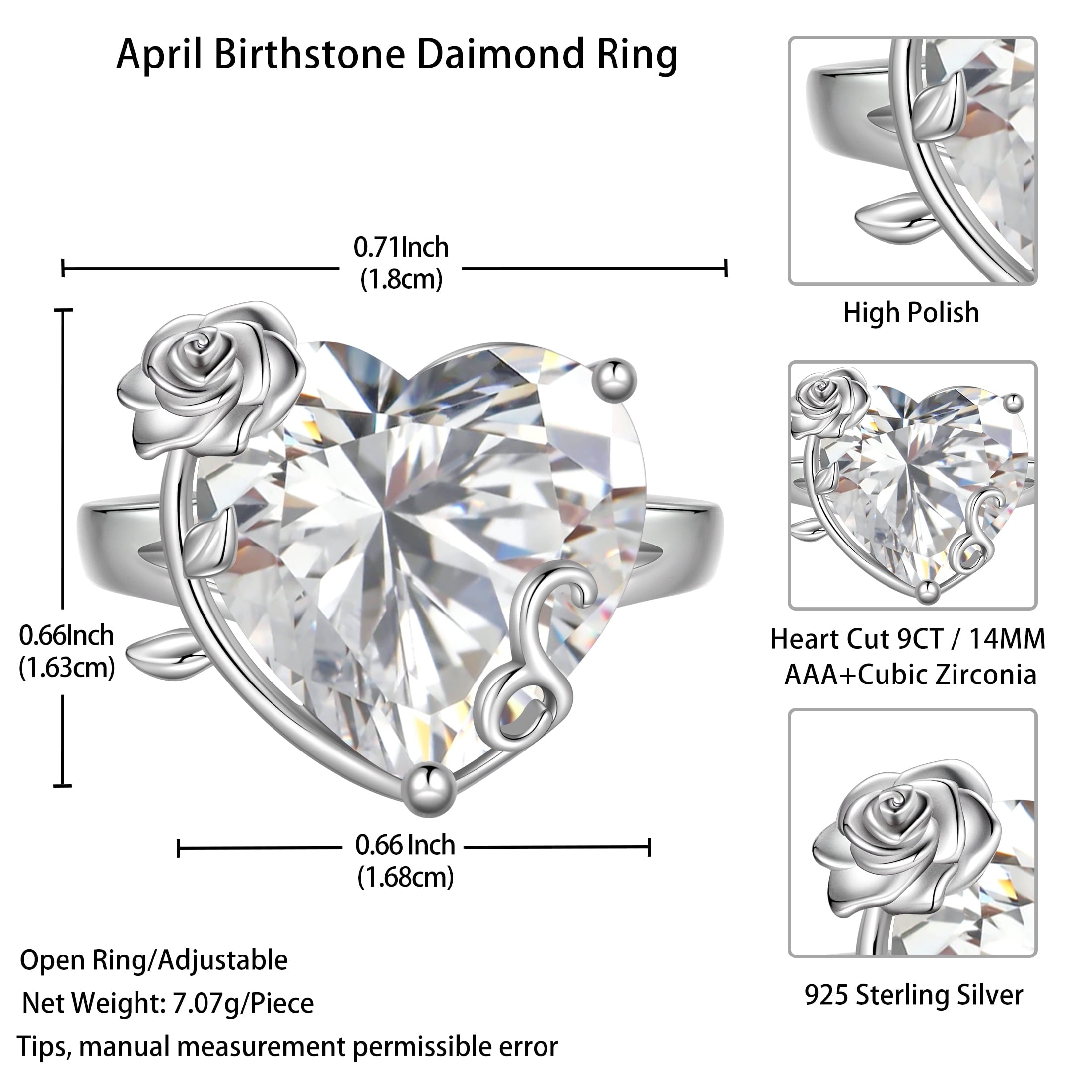 9Ct Women Heart Ring 925 Sterling Silver Rose Flower April Birthstone Diamond Crystal Solitaire Ring Bridal Jewelry Birthday Gift - Aurora Tears
