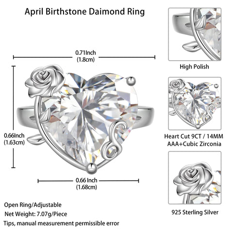 9Ct Women Heart Ring 925 Sterling Silver Rose Flower April Birthstone Diamond Crystal Solitaire Ring Bridal Jewelry Birthday Gift - Aurora Tears