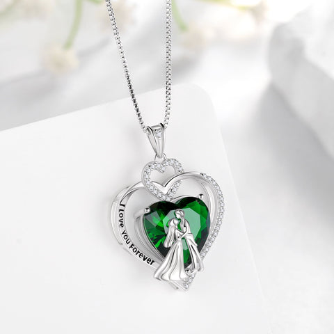 Couple Necklace for Women 925 Sterling Silver Heart May Birthstone Pendant Love You Wedding Bridal Engagement Jewelry Valentine's Day Gift for Her Wife Girlfriend - Aurora Tears