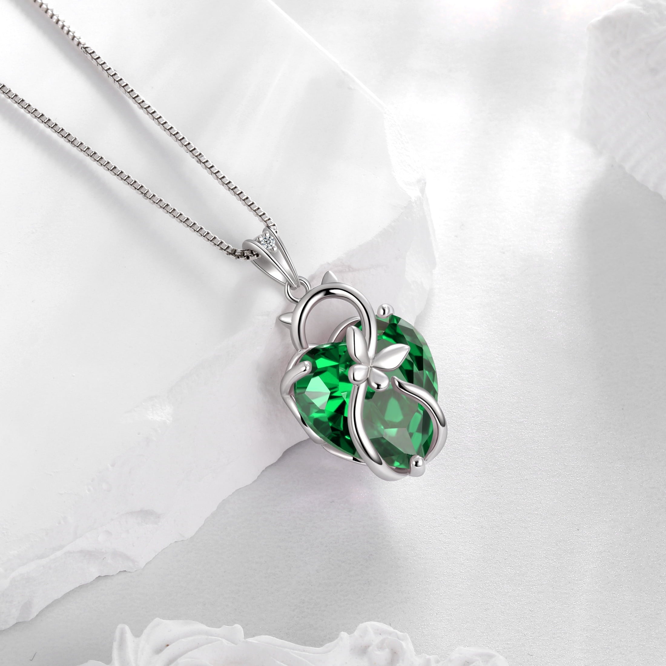 15MM Women Cat Necklace Heart May Birthstone 925 Sterling Silver Pendant Green Emerald Butterfly Jewelry Mom Birthday Mother's Day Gift - Aurora Tears