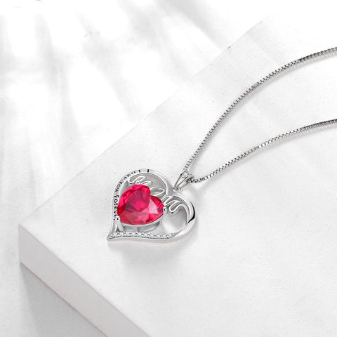 Women Mom Necklace Heart July Birthstone Necklace Ruby Red 925 Sterling Silver Pendant Jewelry Grandma Christmas Birthday Mother's Day Gifts - Aurora Tears