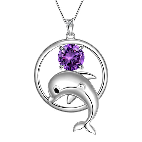 Juwaliy 925 Sterling Silver Cute Dolphin Necklace for Women Birthstone Pendant Sea Animal Jewelry Gifts - Aurora Tears