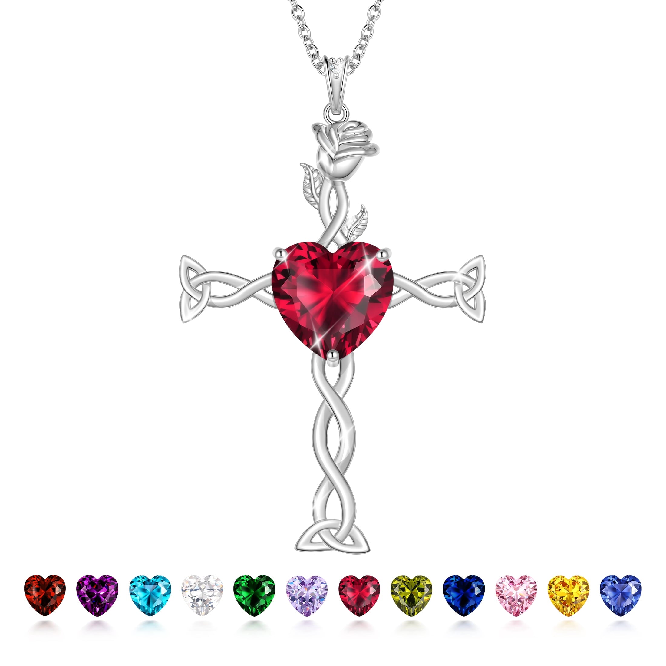 Juwaliy 925 Sterling Silver Plated Celtic Cross Necklace for Women,Birthstone Rose Flower Pendant Irish Jewelry Christmas Valentines Birthday Gift