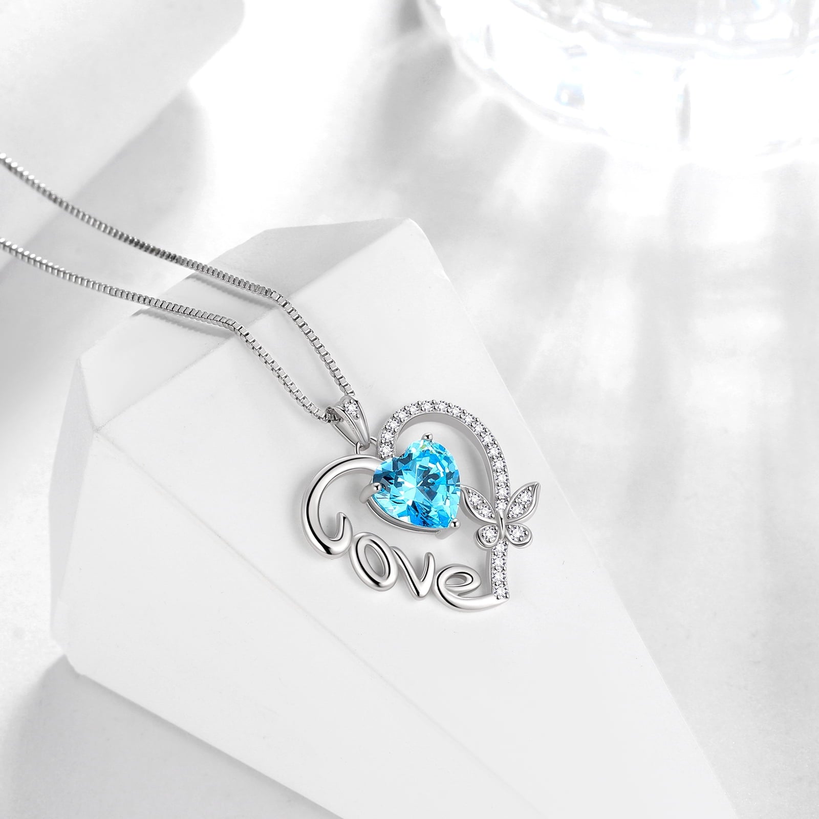Women Blue Love Heart Necklace Butterfly March Birthstone Necklace Aquamarine CZ 925 Sterling Silver Pendant Jewelry Birthday Mother's Day Gift for Her - Aurora Tears