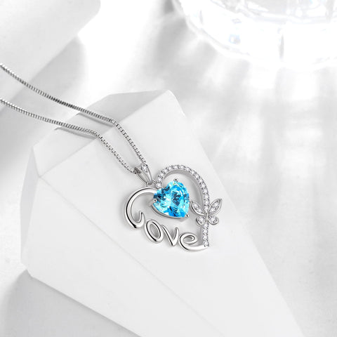 Women Blue Love Heart Necklace Butterfly March Birthstone Necklace Aquamarine CZ 925 Sterling Silver Pendant Jewelry Birthday Mother's Day Gift for Her - Aurora Tears