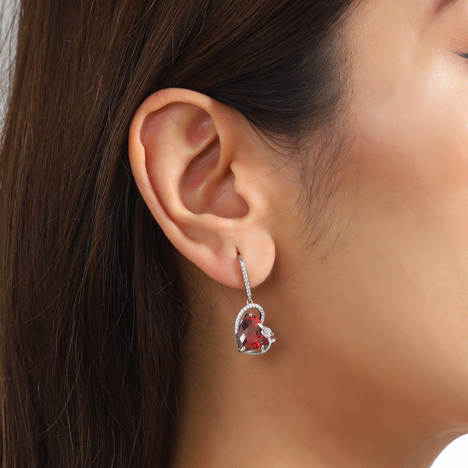 925 Sterling Silver Earrings Women Heart January Birthstone Hook Dangle Earring Garnet Red Flower Jewelry Birthday Valentine's Day Gifts - Aurora Tears