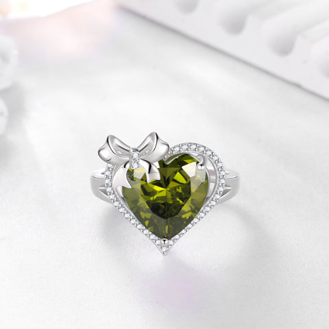 6Ct Heart Women Ring Bow Kont Ribbon 925 Sterling Silver August Birthstone Peridot Adjustable Ring Jewelry Wife Mother Christmas Birthday Valentine Gift - Aurora Tears