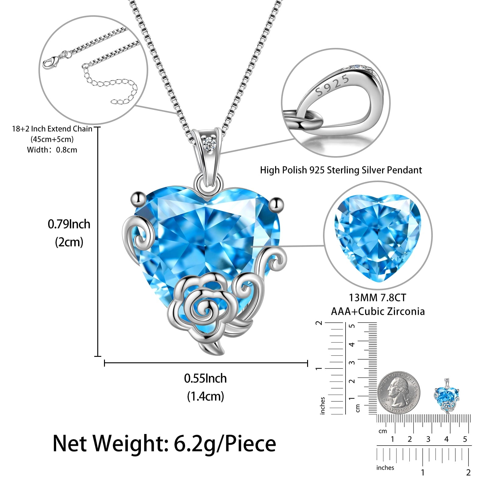 Women Heart Necklace March Birthstone Aquamarine Jewelry 925 Sterling Silver Blue Topaz Flower Pendant Mother Birthday Valentines Gift for Her - Aurora Tears