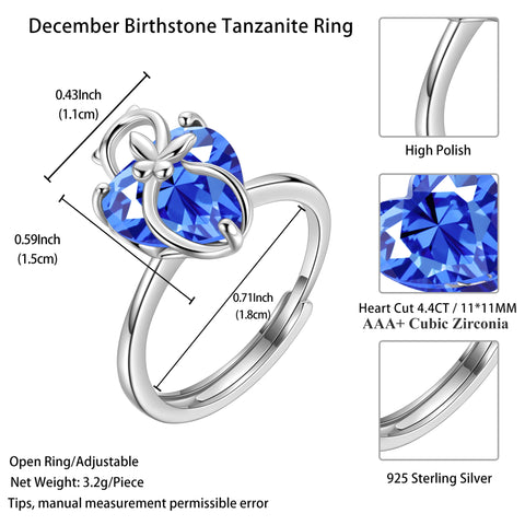 Women Heart Ring 925 Sterling Silver Cat Butterfly December Birthstone Tanzanite Blue Solitaire Ring Jewelry Mom Cat Lover Christmas Birthday Gift - Aurora Tears