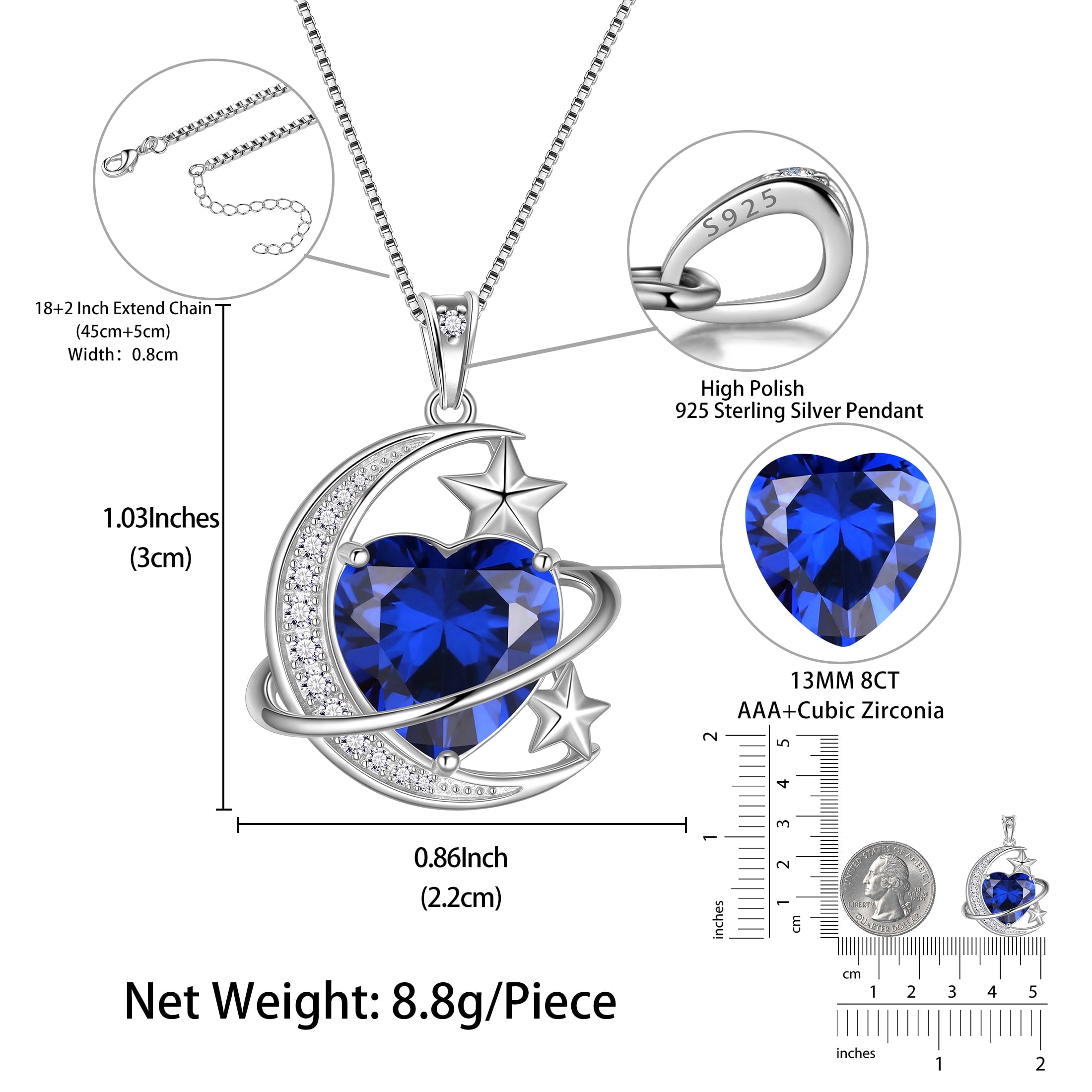 13MM Women Moon Stars Necklace Heart September Birthstone 925 Sterling Silver Pendant Blue Sapphire Jewelry Christmas Valentines Birthday Mother's Day Gift for Her/Wife/Mom - Aurora Tears