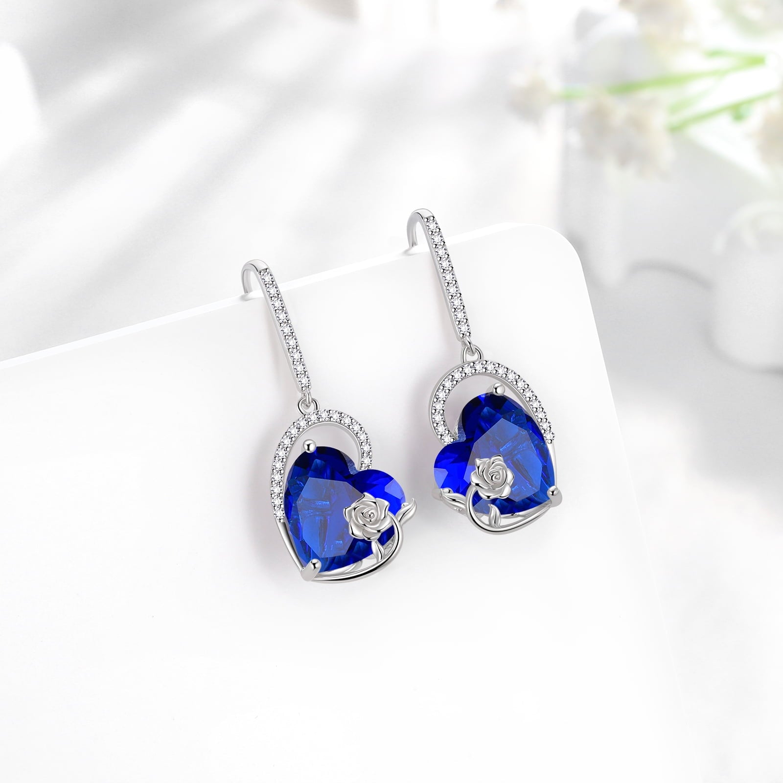 925 Sterling Silver Earrings Women Heart September Birthstone Hook Dangling Earring Sapphire Blue Rose Jewelry Birthday Mother's Day Gift - Aurora Tears