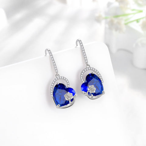 925 Sterling Silver Earrings Women Heart September Birthstone Hook Dangling Earring Sapphire Blue Rose Jewelry Birthday Mother's Day Gift - Aurora Tears