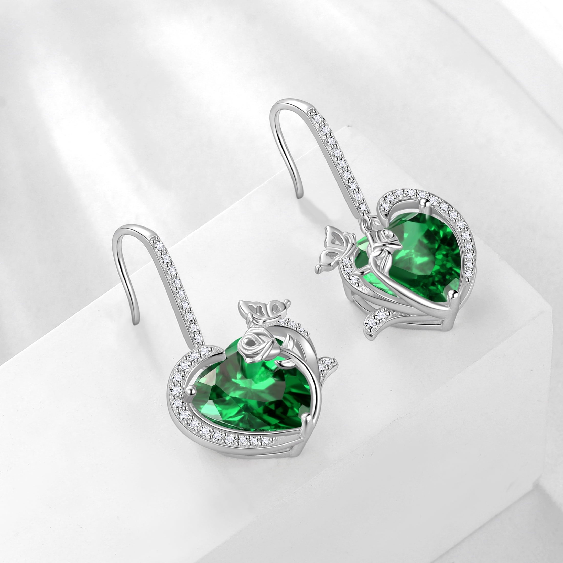 Women May Birthstone Drop Earrings Heart Emerald Green Butterfly Rose Jewelry 925 Sterling Silver Hook Earring Birthday Mother's Day Gift - Aurora Tears