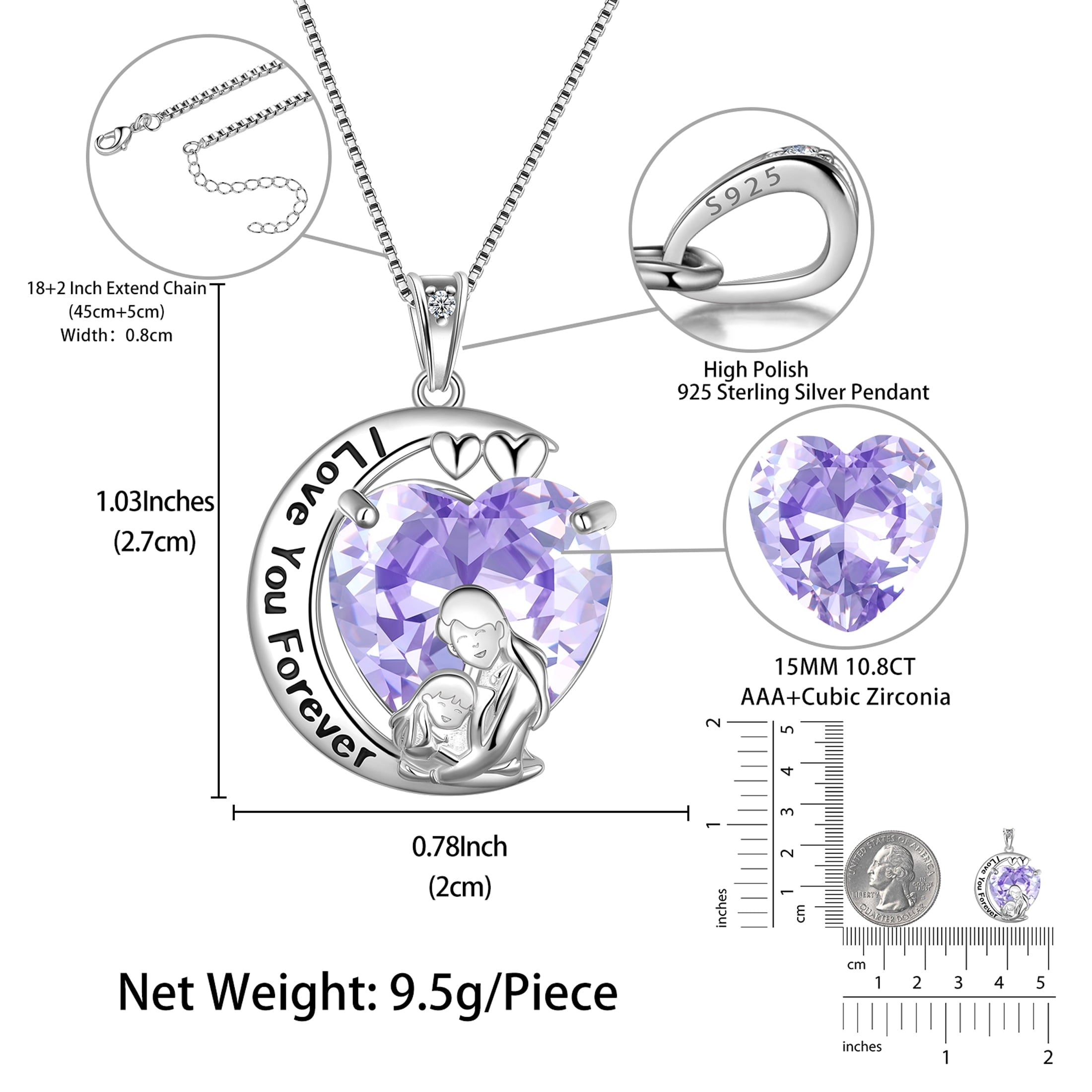 Moon Heart Mother Daughter Necklace 925 Sterling Silver Purple Alexandrite June Birthstone Pendant Jewelry Women Mom Christmas Mother's Day Gift - Aurora Tears