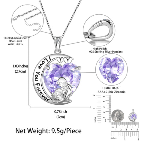 Moon Heart Mother Daughter Necklace 925 Sterling Silver Purple Alexandrite June Birthstone Pendant Jewelry Women Mom Christmas Mother's Day Gift - Aurora Tears