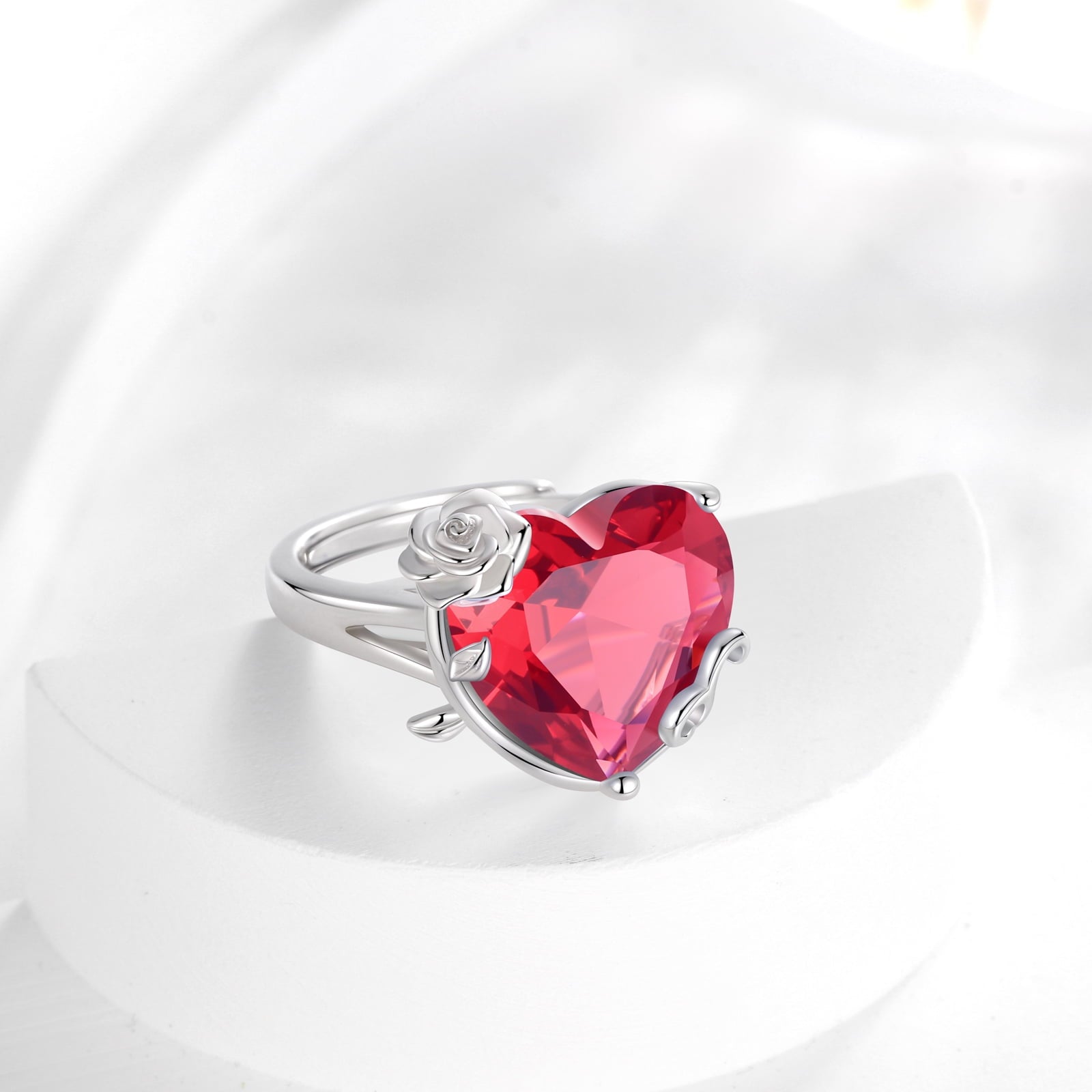 9Ct Women Heart Ring 925 Sterling Silver Rose Flower July Birthstone Ruby Red Solitaire Ring Jewelry Mother Birthday Valentine's Day Gift - Aurora Tears