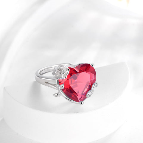 9Ct Women Heart Ring 925 Sterling Silver Rose Flower July Birthstone Ruby Red Solitaire Ring Jewelry Mother Birthday Valentine's Day Gift - Aurora Tears