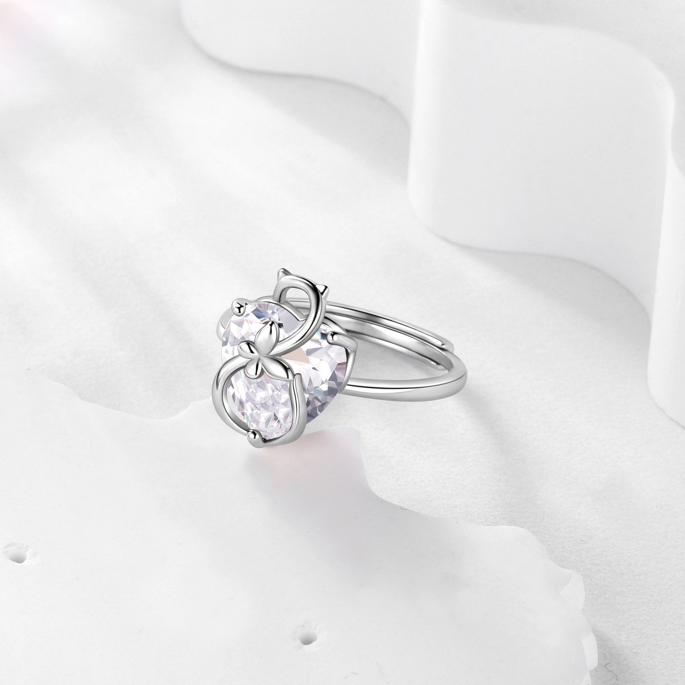 Women Heart Ring 925 Sterling Silver Cat Butterfly April Birthstone Diamond Crystal Solitaire Ring Bridal Jewelry Birthday Gift for Cat Lover - Aurora Tears