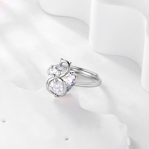 Women Heart Ring 925 Sterling Silver Cat Butterfly April Birthstone Diamond Crystal Solitaire Ring Bridal Jewelry Birthday Gift for Cat Lover - Aurora Tears