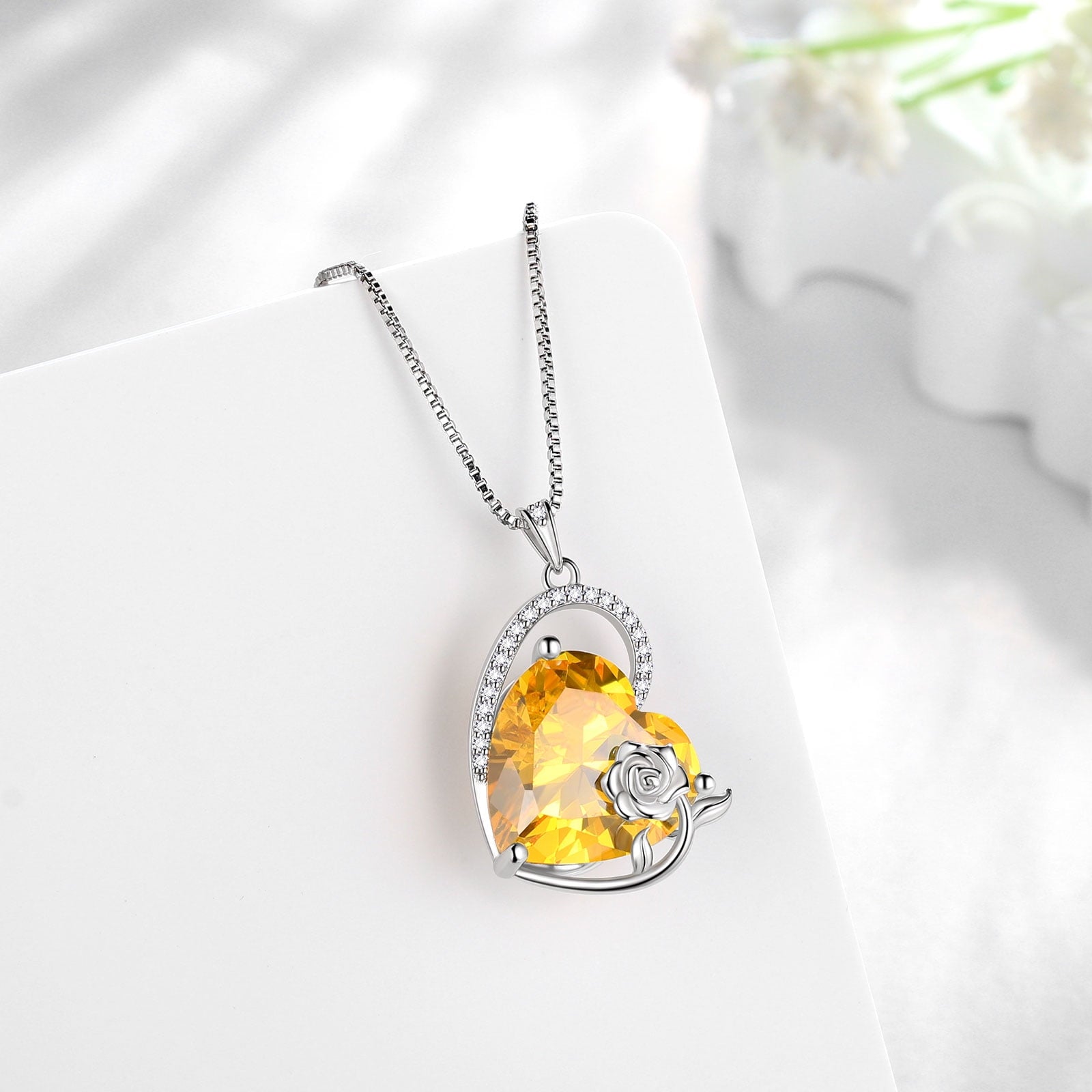 925 Sterling Silver 15MM Heart Necklace Women November Birthstone Citrine Jewelry Yellow Rose Flower Pendant Christmas Valentines Birthday Gift for Her - Aurora Tears