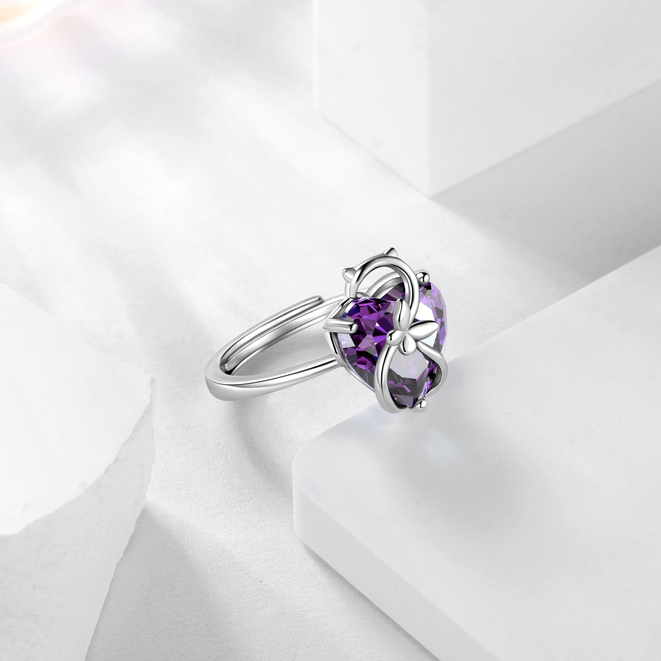 Women Heart Ring 925 Sterling Silver Cat Butterfly February Birthstone Amethyst Purple Solitaire Ring Jewelry Girlfriend Cat Lover Valentine's Day Gift - Aurora Tears