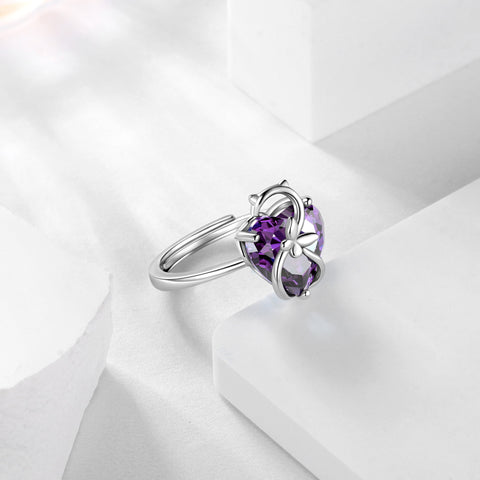 Women Heart Ring 925 Sterling Silver Cat Butterfly February Birthstone Amethyst Purple Solitaire Ring Jewelry Girlfriend Cat Lover Valentine's Day Gift - Aurora Tears