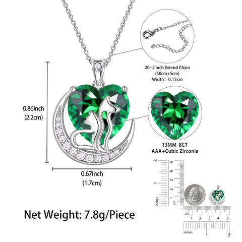 Women Animal Cat and Dog Necklace Green Heart May Birthstone Charm Emerald Pendant Jewelry Birthday Mother's Day Gift for Mom Wife Daughter Pet Lovers - Aurora Tears