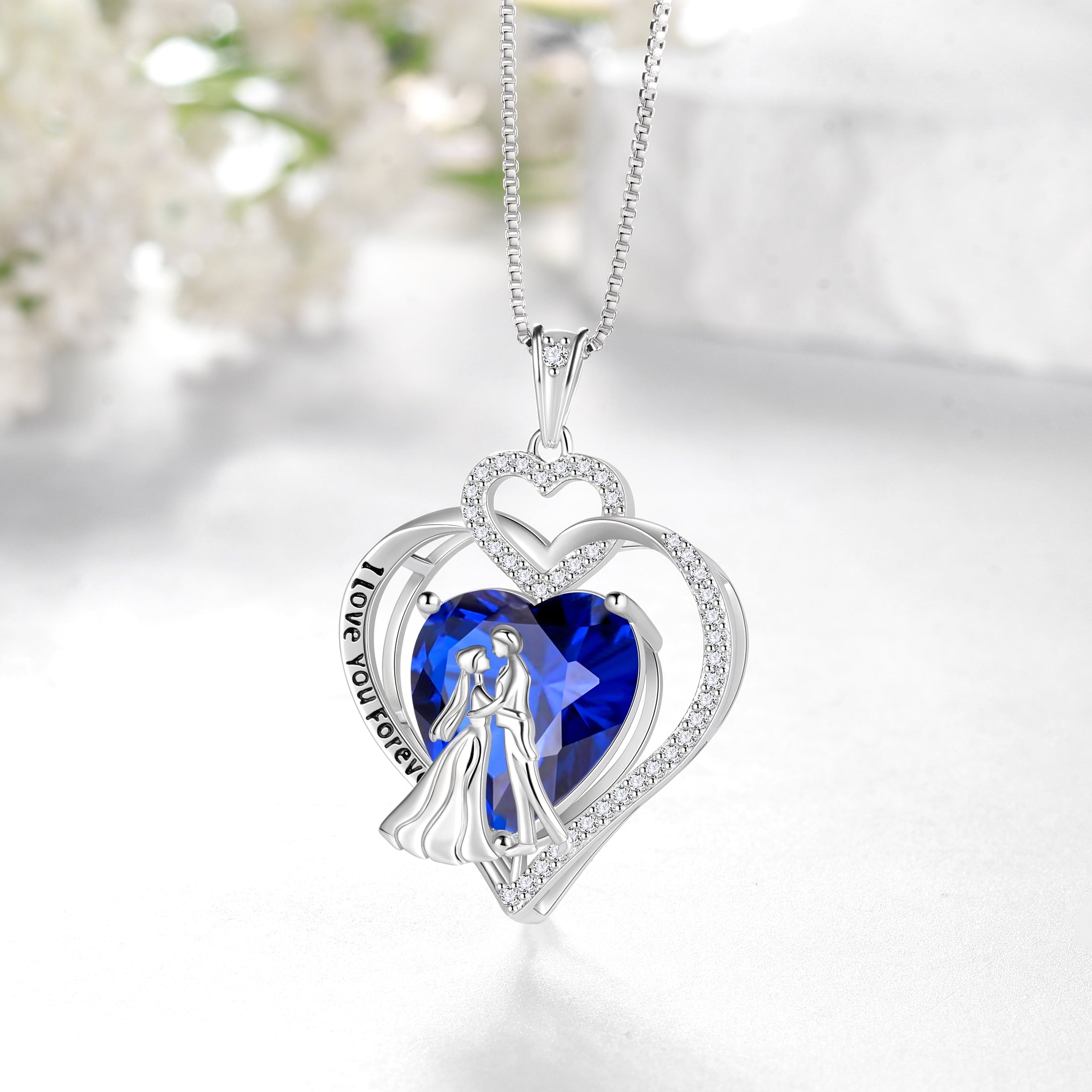 Couple Necklace for Women 925 Sterling Silver Heart September Birthstone Pendant Love Wedding Engagement Bridal Jewelry Valentines Gifts for Her Wife Girlfriend - Aurora Tears