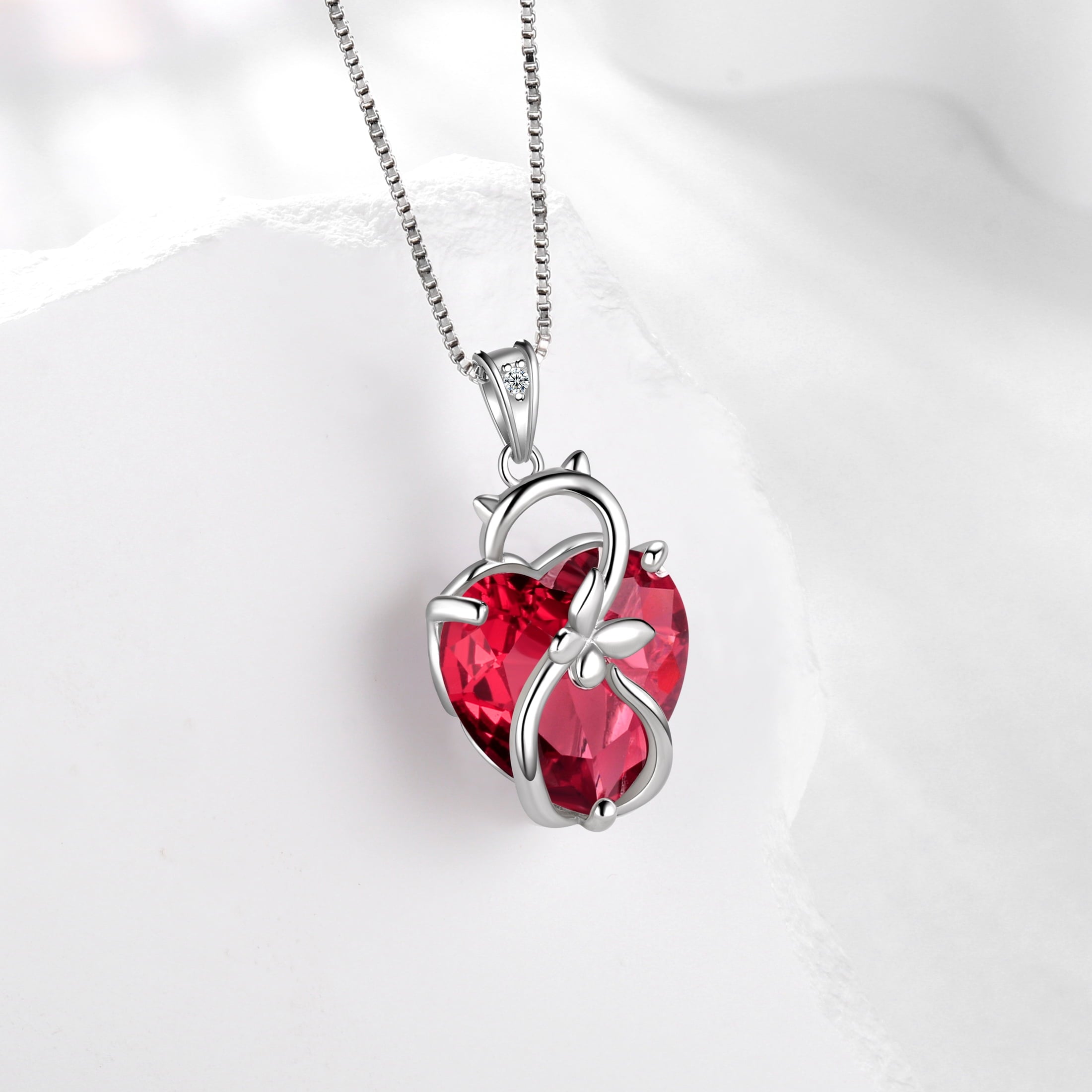 15MM Women Cat Necklace Heart July Birthstone 925 Sterling Silver Pendant Red Ruby Butterfly Jewelry Mother Birthday Valentine's Day Gift - Aurora Tears