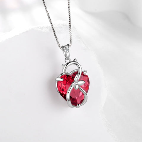 15MM Women Cat Necklace Heart July Birthstone 925 Sterling Silver Pendant Red Ruby Butterfly Jewelry Mother Birthday Valentine's Day Gift - Aurora Tears
