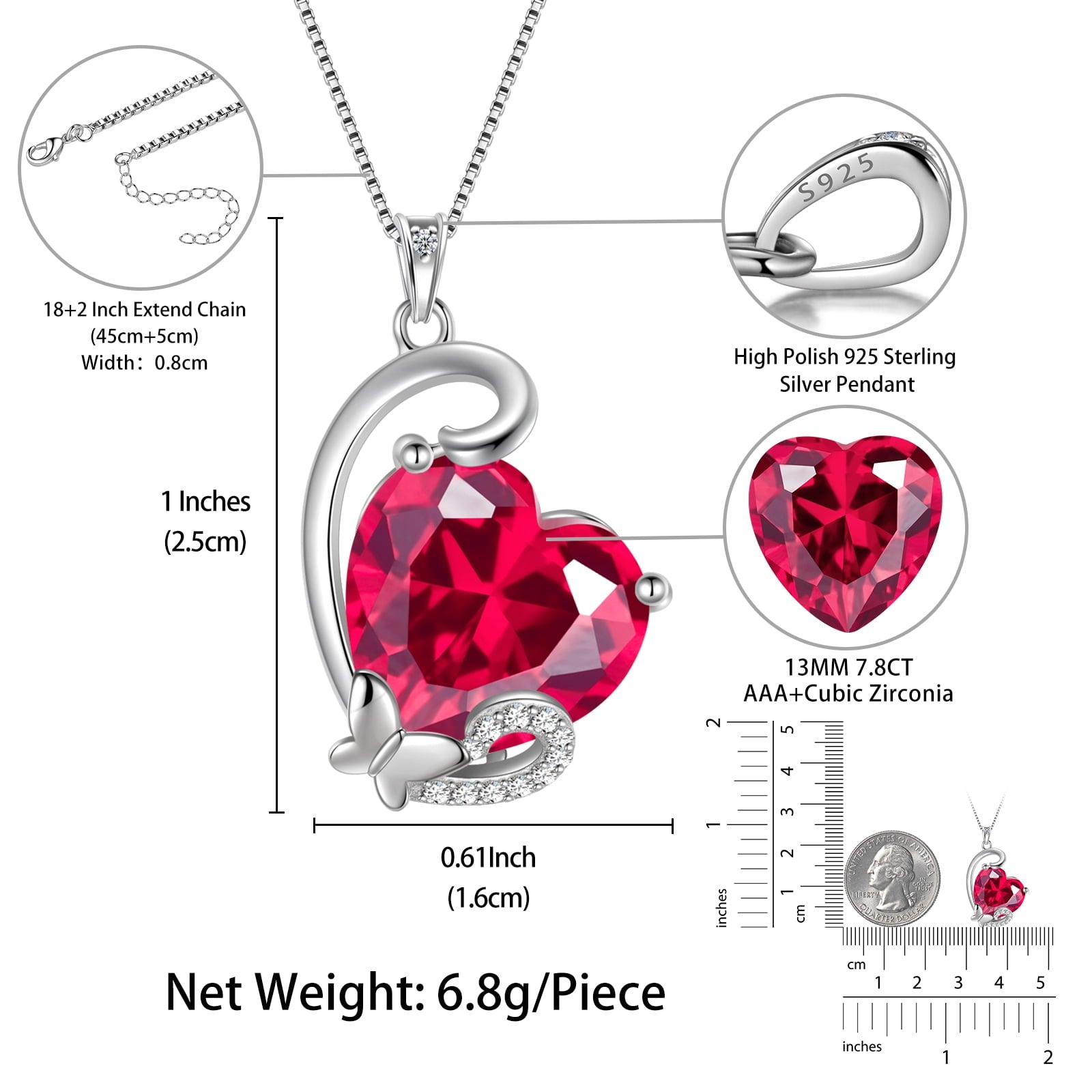 July Birthstone Heart Necklace Butterfly Jewelry Pendant Red Ruby Necklace 925 Sterling Silver Women Mother Birthday Valentine's Day Gift - Aurora Tears