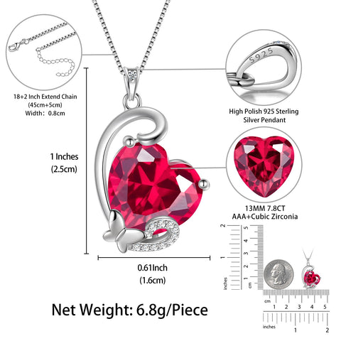 July Birthstone Heart Necklace Butterfly Jewelry Pendant Red Ruby Necklace 925 Sterling Silver Women Mother Birthday Valentine's Day Gift - Aurora Tears