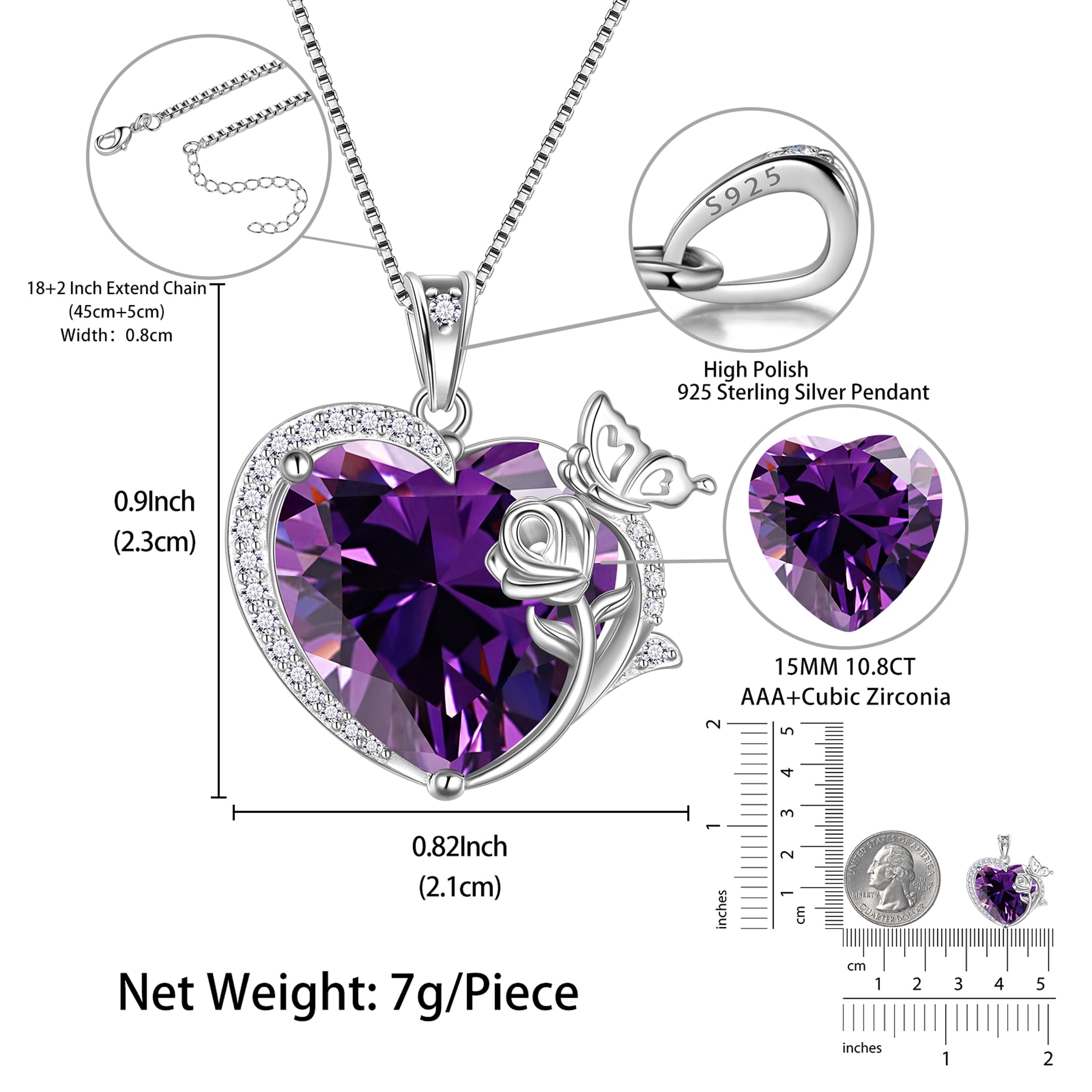 Women Heart Necklace Butterfly Rose Flower Pendant February Birthstone Amethyst Purple 925 Sterling Silver Jewelry Mom Valentine's Day Gifts - Aurora Tears